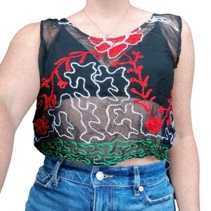 Bebe London Sheer Cropped Top Womens Small Festival Embroidered Boho Folkloric
